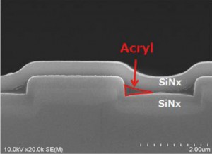 Figure 4　Cross-sectional SEM image showing localization of acrylic film at a stepped portion.